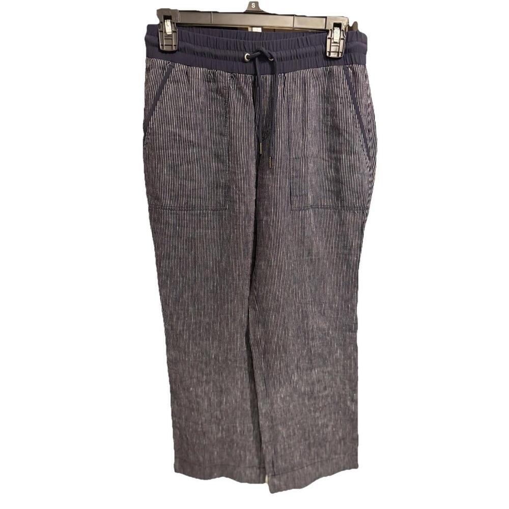 Athleta Sz 4 P Pants Linen Bali Trouser Navy Blue Stripe Straight Leg Pull On